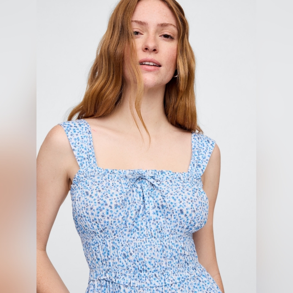 NWT GAP Smocked Midi Dress Light Blue Floral - Picture 3 of 6